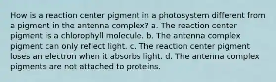 How is a reaction center pigment in a photosystem different from a pigment in the antenna complex? a. The reaction center pigment is a chlorophyll molecule. b. The antenna complex pigment can only reflect light. c. The reaction center pigment loses an electron when it absorbs light. d. The antenna complex pigments are not attached to proteins.