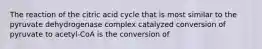 The reaction of the citric acid cycle that is most similar to the pyruvate dehydrogenase complex catalyzed conversion of pyruvate to acetyl-CoA is the conversion of