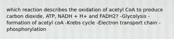 which reaction describes the oxidation of acetyl CoA to produce carbon dioxide, ATP, NADH + H+ and FADH2? -Glycolysis -formation of acetyl coA -Krebs cycle -Electron transport chain -phosphorylation