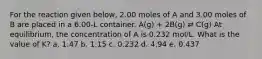 For the reaction given below, 2.00 moles of A and 3.00 moles of B are placed in a 6.00-L container. A(g) + 2B(g) ⇄ C(g) At equilibrium, the concentration of A is 0.232 mol/L. What is the value of K? a. 1.47 b. 1.15 c. 0.232 d. 4.94 e. 0.437