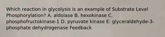 Which reaction in glycolysis is an example of Substrate Level Phosphorylation? A. aldolase B. hexokinase C. phosphofructokinase-1 D. pyruvate kinase E. glyceraldehyde-3-phosphate dehydrogenase Feedback