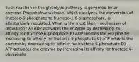 Each reaction in the glycolytic pathway is governed by an enzyme. Phosphofructokinase, which catalyzes the conversion of fructose-6-phosphate to fructose-1,6-bisphosphate, is allosterically regulated. What is the most likely mechanism of regulation? A) ADP activates the enzyme by decreasing its affinity for fructose 6-phosphate B) ADP inhibits the enzyme by increasing its affinity for fructose 6-phosphate C) ATP inhibits the enzyme by decreasing its affinity for fructose 6-phosphate D) ATP activates the enzyme by increasing its affinity for fructose 6-phosphate