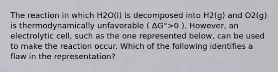 The reaction in which H2O(l) is decomposed into H2(g) and O2(g) is thermodynamically unfavorable ( ΔG°>0 ). However, an electrolytic cell, such as the one represented below, can be used to make the reaction occur. Which of the following identifies a flaw in the representation?