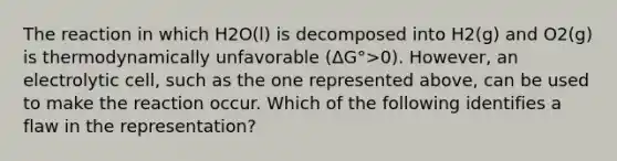 The reaction in which H2O(l) is decomposed into H2(g) and O2(g) is thermodynamically unfavorable (ΔG°>0). However, an electrolytic cell, such as the one represented above, can be used to make the reaction occur. Which of the following identifies a flaw in the representation?