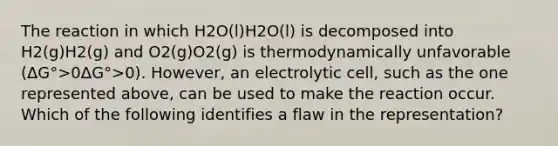 The reaction in which H2O(l)H2O(l) is decomposed into H2(g)H2(g) and O2(g)O2(g) is thermodynamically unfavorable (ΔG°>0ΔG°>0). However, an electrolytic cell, such as the one represented above, can be used to make the reaction occur. Which of the following identifies a flaw in the representation?