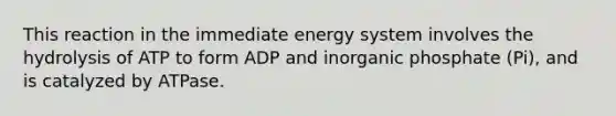 This reaction in the immediate energy system involves the hydrolysis of ATP to form ADP and inorganic phosphate (Pi), and is catalyzed by ATPase.