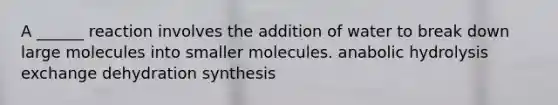 A ______ reaction involves the addition of water to break down large molecules into smaller molecules. anabolic hydrolysis exchange dehydration synthesis