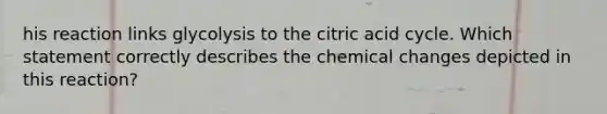 his reaction links glycolysis to the citric acid cycle. Which statement correctly describes the chemical changes depicted in this reaction?