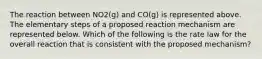 The reaction between NO2(g) and CO(g) is represented above. The elementary steps of a proposed reaction mechanism are represented below. Which of the following is the rate law for the overall reaction that is consistent with the proposed mechanism?