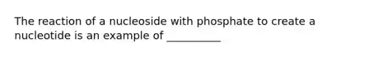 The reaction of a nucleoside with phosphate to create a nucleotide is an example of __________