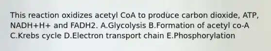 This reaction oxidizes acetyl CoA to produce carbon dioxide, ATP, NADH+H+ and FADH2. A.Glycolysis B.Formation of acetyl co-A C.Krebs cycle D.Electron transport chain E.Phosphorylation