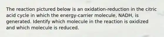 The reaction pictured below is an oxidation-reduction in the citric acid cycle in which the energy-carrier molecule, NADH, is generated. Identify which molecule in the reaction is oxidized and which molecule is reduced.