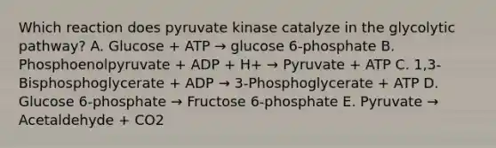 Which reaction does pyruvate kinase catalyze in the glycolytic pathway? A. Glucose + ATP → glucose 6-phosphate B. Phosphoenolpyruvate + ADP + H+ → Pyruvate + ATP C. 1,3-Bisphosphoglycerate + ADP → 3-Phosphoglycerate + ATP D. Glucose 6-phosphate → Fructose 6-phosphate E. Pyruvate → Acetaldehyde + CO2