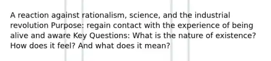 A reaction against rationalism, science, and the industrial revolution Purpose: regain contact with the experience of being alive and aware Key Questions: What is the nature of existence? How does it feel? And what does it mean?