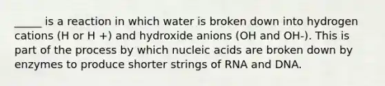 _____ is a reaction in which water is broken down into hydrogen cations (H or H +) and hydroxide anions (OH and OH-). This is part of the process by which nucleic acids are broken down by enzymes to produce shorter strings of RNA and DNA.