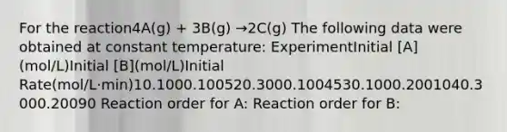 For the reaction4A(g) + 3B(g) →2C(g) The following data were obtained at constant temperature: ExperimentInitial [A](mol/L)Initial [B](mol/L)Initial Rate(mol/L·min)10.1000.100520.3000.1004530.1000.2001040.3000.20090 Reaction order for A: Reaction order for B: