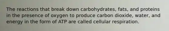 The reactions that break down carbohydrates, fats, and proteins in the presence of oxygen to produce carbon dioxide, water, and energy in the form of ATP are called cellular respiration.