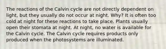 The reactions of the Calvin cycle are not directly dependent on light, but they usually do not occur at night. Why? It is often too cold at night for these reactions to take place. Plants usually open their stomata at night. At night, no water is available for the Calvin cycle. The Calvin cycle requires products only produced when the photosystems are illuminated.