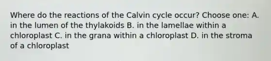 Where do the reactions of the Calvin cycle occur? Choose one: A. in the lumen of the thylakoids B. in the lamellae within a chloroplast C. in the grana within a chloroplast D. in the stroma of a chloroplast