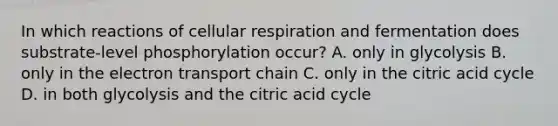 In which reactions of cellular respiration and fermentation does substrate-level phosphorylation occur? A. only in glycolysis B. only in the electron transport chain C. only in the citric acid cycle D. in both glycolysis and the citric acid cycle