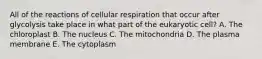 All of the reactions of cellular respiration that occur after glycolysis take place in what part of the eukaryotic cell? A. The chloroplast B. The nucleus C. The mitochondria D. The plasma membrane E. The cytoplasm