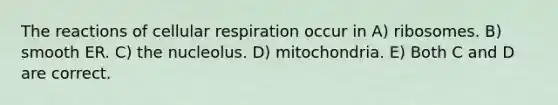 The reactions of cellular respiration occur in A) ribosomes. B) smooth ER. C) the nucleolus. D) mitochondria. E) Both C and D are correct.