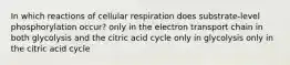 In which reactions of cellular respiration does substrate-level phosphorylation occur? only in the electron transport chain in both glycolysis and the citric acid cycle only in glycolysis only in the citric acid cycle