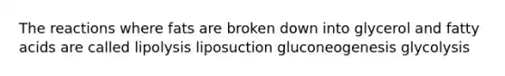 The reactions where fats are broken down into glycerol and fatty acids are called lipolysis liposuction gluconeogenesis glycolysis