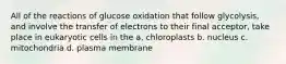 All of the reactions of glucose oxidation that follow glycolysis, and involve the transfer of electrons to their final acceptor, take place in eukaryotic cells in the a. chloroplasts b. nucleus c. mitochondria d. plasma membrane