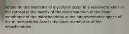 Where do the reactions of glycolysis occur in a eukaryotic cell? In the cytosol In the matrix of the mitochondrion In the inner membrane of the mitochondrion In the intermembrane space of the mitochondrion Across the inner membrane of the mitochondrion