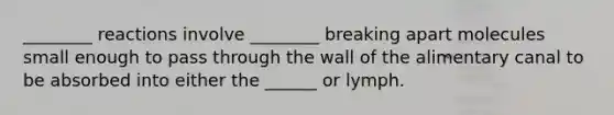 ________ reactions involve ________ breaking apart molecules small enough to pass through the wall of the alimentary canal to be absorbed into either the ______ or lymph.