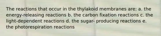 The reactions that occur in the thylakoid membranes are: a. the energy-releasing reactions b. the carbon fixation reactions c. the light-dependent reactions d. the sugar- producing reactions e. the photorespiration reactions