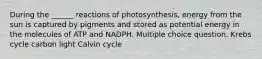 During the ______ reactions of photosynthesis, energy from the sun is captured by pigments and stored as potential energy in the molecules of ATP and NADPH. Multiple choice question. Krebs cycle carbon light Calvin cycle