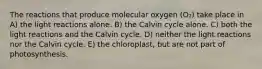 The reactions that produce molecular oxygen (O₂) take place in A) the light reactions alone. B) the Calvin cycle alone. C) both the light reactions and the Calvin cycle. D) neither the light reactions nor the Calvin cycle. E) the chloroplast, but are not part of photosynthesis.