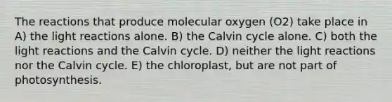 The reactions that produce molecular oxygen (O2) take place in A) the light reactions alone. B) the Calvin cycle alone. C) both the light reactions and the Calvin cycle. D) neither the light reactions nor the Calvin cycle. E) the chloroplast, but are not part of photosynthesis.