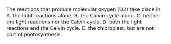 The reactions that produce molecular oxygen (O2) take place in A. the light reactions alone. B. the Calvin cycle alone. C. neither the light reactions nor the Calvin cycle. D. both the light reactions and the Calvin cycle. E. the chloroplast, but are not part of photosynthesis.