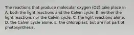 The reactions that produce molecular oxygen (O2) take place in A. both the light reactions and the Calvin cycle. B. neither the light reactions nor the Calvin cycle. C. the light reactions alone. D. the Calvin cycle alone. E. the chloroplast, but are not part of photosynthesis.