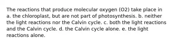 The reactions that produce molecular oxygen (O2) take place in a. the chloroplast, but are not part of photosynthesis. b. neither the light reactions nor the Calvin cycle. c. both the light reactions and the Calvin cycle. d. the Calvin cycle alone. e. the light reactions alone.