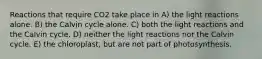 Reactions that require CO2 take place in A) the light reactions alone. B) the Calvin cycle alone. C) both the light reactions and the Calvin cycle. D) neither the light reactions nor the Calvin cycle. E) the chloroplast, but are not part of photosynthesis.