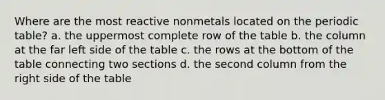 Where are the most reactive nonmetals located on the periodic table? a. the uppermost complete row of the table b. the column at the far left side of the table c. the rows at the bottom of the table connecting two sections d. the second column from the right side of the table