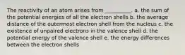 The reactivity of an atom arises from __________. a. the sum of the potential energies of all the electron shells b. the average distance of the outermost electron shell from the nucleus c. the existence of unpaired electrons in the valence shell d. the potential energy of the valence shell e. the energy differences between the electron shells