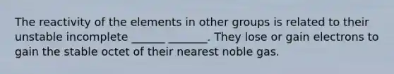 The reactivity of the elements in other groups is related to their unstable incomplete ______ _______. They lose or gain electrons to gain the stable octet of their nearest noble gas.