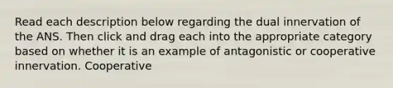 Read each description below regarding the dual innervation of the ANS. Then click and drag each into the appropriate category based on whether it is an example of antagonistic or cooperative innervation. Cooperative