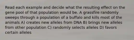 Read each example and decide what the resulting effect on the gene pool of that population would be. A grassfire randomly sweeps through a population of a buffalo and kills most of the animals A) creates new alleles from DNA B) brings new alleles from other population C) randomly selects alleles D) favors certain alleles