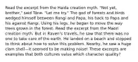 Read the excerpt from the Haida creation myth. "Not yet, brother," said Tâne. "Let me try." The god of forests and birds wedged himself between Rangi and Papa, his back to Papa and his against Rangi. Using his legs, he began to move the way trees grown in the forest. Read the excerpt from the Maori creation myth. But in Raven's travels, he saw that there was no one to take care of the earth. He landed on a beach and stopped to think about how to solve this problem. Nearby, he saw a huge clam shell—it seemed to be making noise! These excerpts are examples that both cultures value which character quality?