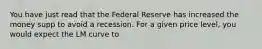 You have just read that the Federal Reserve has increased the money supp to avoid a recession. For a given price level, you would expect the ​LM curve to