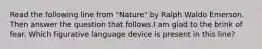 Read the following line from "Nature" by Ralph Waldo Emerson. Then answer the question that follows.I am glad to the brink of fear. Which figurative language device is present in this line?