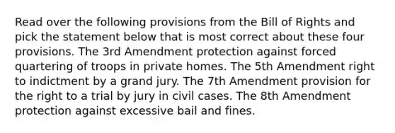 Read over the following provisions from the Bill of Rights and pick the statement below that is most correct about these four provisions. The 3rd Amendment protection against forced quartering of troops in private homes. The 5th Amendment right to indictment by a grand jury. The 7th Amendment provision for the right to a trial by jury in civil cases. The 8th Amendment protection against excessive bail and fines.