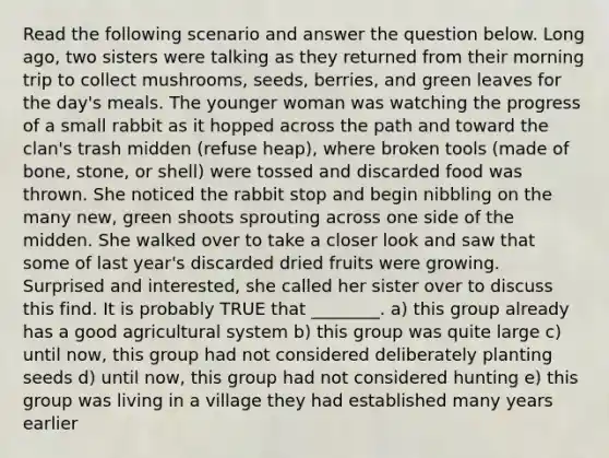 Read the following scenario and answer the question below. Long ago, two sisters were talking as they returned from their morning trip to collect mushrooms, seeds, berries, and green leaves for the day's meals. The younger woman was watching the progress of a small rabbit as it hopped across the path and toward the clan's trash midden (refuse heap), where broken tools (made of bone, stone, or shell) were tossed and discarded food was thrown. She noticed the rabbit stop and begin nibbling on the many new, green shoots sprouting across one side of the midden. She walked over to take a closer look and saw that some of last year's discarded dried fruits were growing. Surprised and interested, she called her sister over to discuss this find. It is probably TRUE that ________. a) this group already has a good agricultural system b) this group was quite large c) until now, this group had not considered deliberately planting seeds d) until now, this group had not considered hunting e) this group was living in a village they had established many years earlier