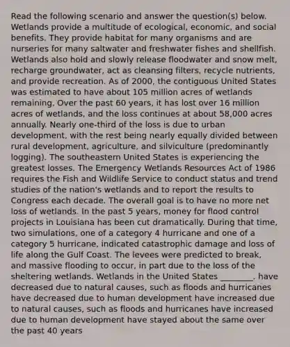 Read the following scenario and answer the question(s) below. Wetlands provide a multitude of ecological, economic, and social benefits. They provide habitat for many organisms and are nurseries for many saltwater and freshwater fishes and shellfish. Wetlands also hold and slowly release floodwater and snow melt, recharge groundwater, act as cleansing filters, recycle nutrients, and provide recreation. As of 2000, the contiguous United States was estimated to have about 105 million acres of wetlands remaining. Over the past 60 years, it has lost over 16 million acres of wetlands, and the loss continues at about 58,000 acres annually. Nearly one-third of the loss is due to urban development, with the rest being nearly equally divided between rural development, agriculture, and silviculture (predominantly logging). The southeastern United States is experiencing the greatest losses. The Emergency Wetlands Resources Act of 1986 requires the Fish and Wildlife Service to conduct status and trend studies of the nation's wetlands and to report the results to Congress each decade. The overall goal is to have no more net loss of wetlands. In the past 5 years, money for flood control projects in Louisiana has been cut dramatically. During that time, two simulations, one of a category 4 hurricane and one of a category 5 hurricane, indicated catastrophic damage and loss of life along the Gulf Coast. The levees were predicted to break, and massive flooding to occur, in part due to the loss of the sheltering wetlands. Wetlands in the United States ________. have decreased due to natural causes, such as floods and hurricanes have decreased due to human development have increased due to natural causes, such as floods and hurricanes have increased due to human development have stayed about the same over the past 40 years